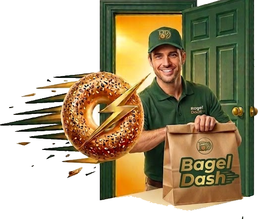 A Bagel Dash courier handing over a bag of fresh bagels at the door